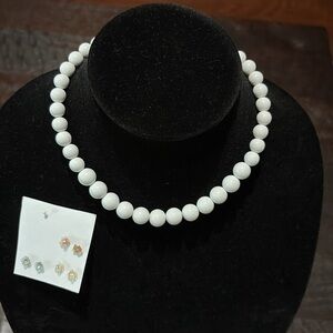 White beaded necklace and multicolored flower earring set
